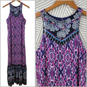 Express Maxi Dress Sundress Size Medium long Mesh Layered Geometric Blue Pink